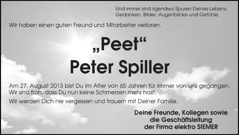 Traueranzeige von Peter Spiller von WESER-KURIER