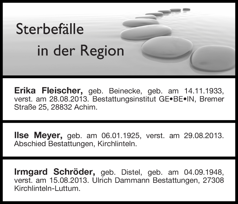 Traueranzeige von Sterbefälle vom 31.08.2013 von WESER-KURIER