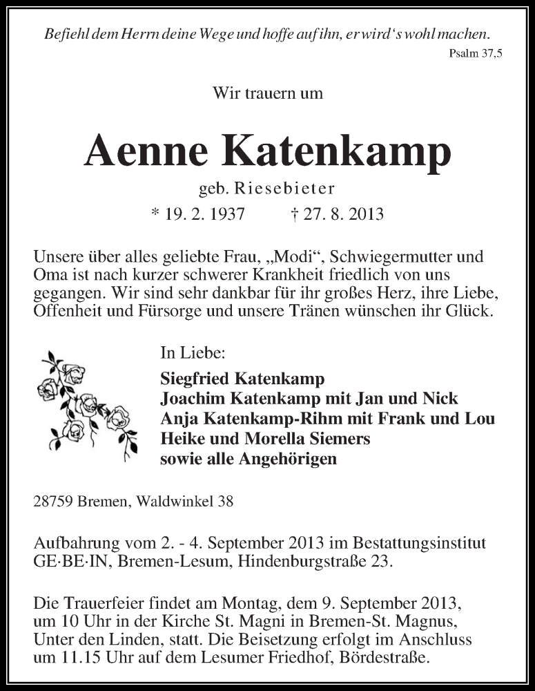 Traueranzeige von Aenne Katenkamp von WESER-KURIER