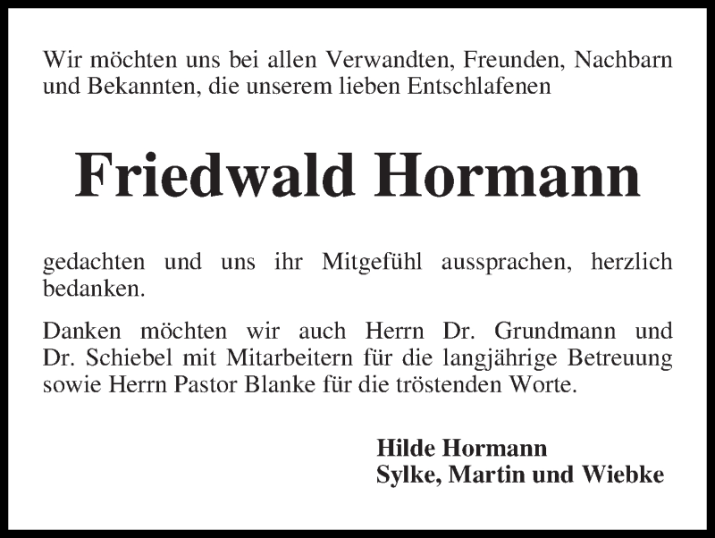 Traueranzeige von Friedwald Hormann von WESER-KURIER