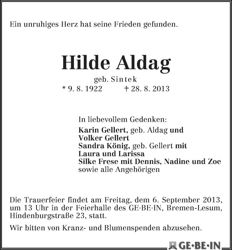Traueranzeige von Hilde Aldag von WESER-KURIER