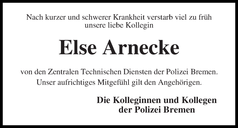 Traueranzeige von Else Arnecke von WESER-KURIER