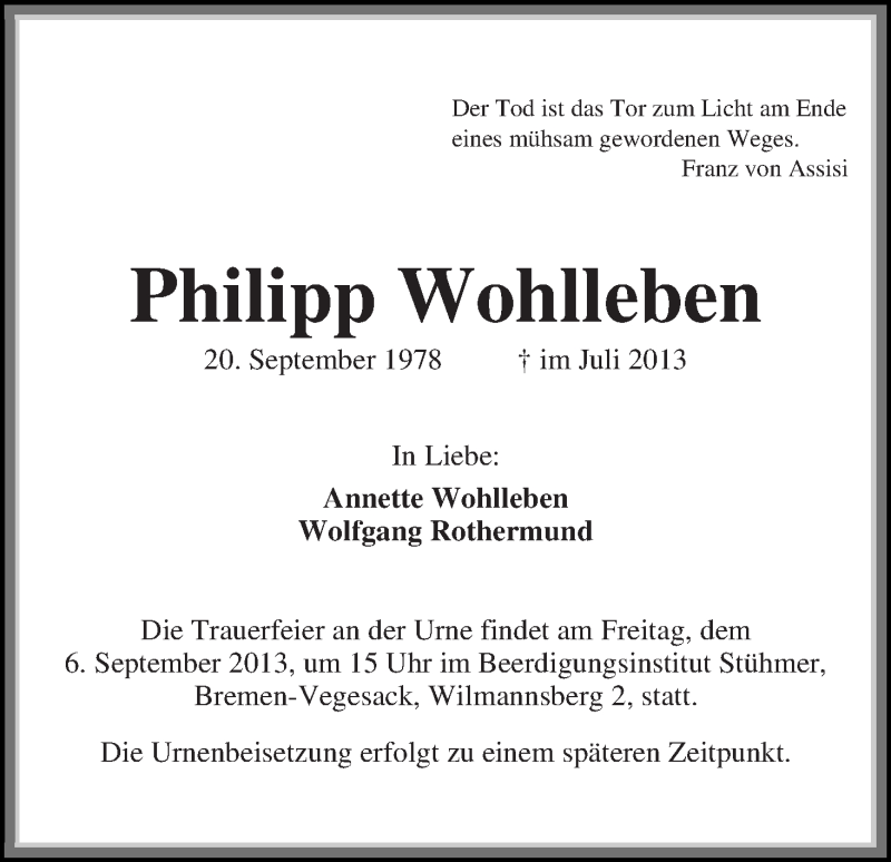 Traueranzeige von Philipp Wohlleben von WESER-KURIER