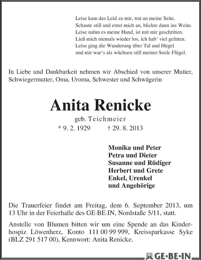 Traueranzeige von Anita Renicke von WESER-KURIER
