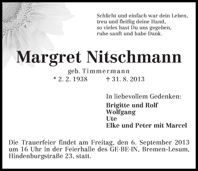 Traueranzeige von Margret Nitschmann von WESER-KURIER