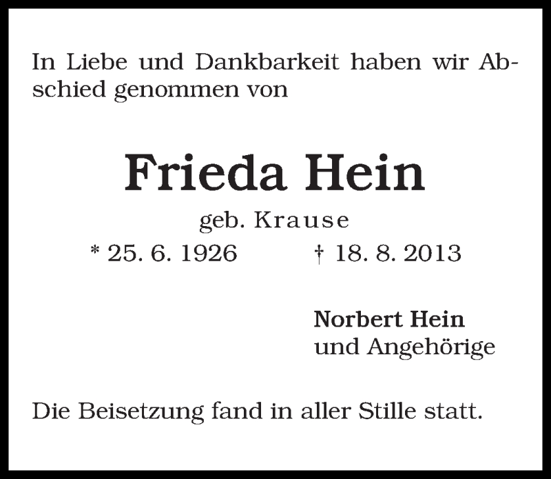 Traueranzeige von Frieda Hein von WESER-KURIER