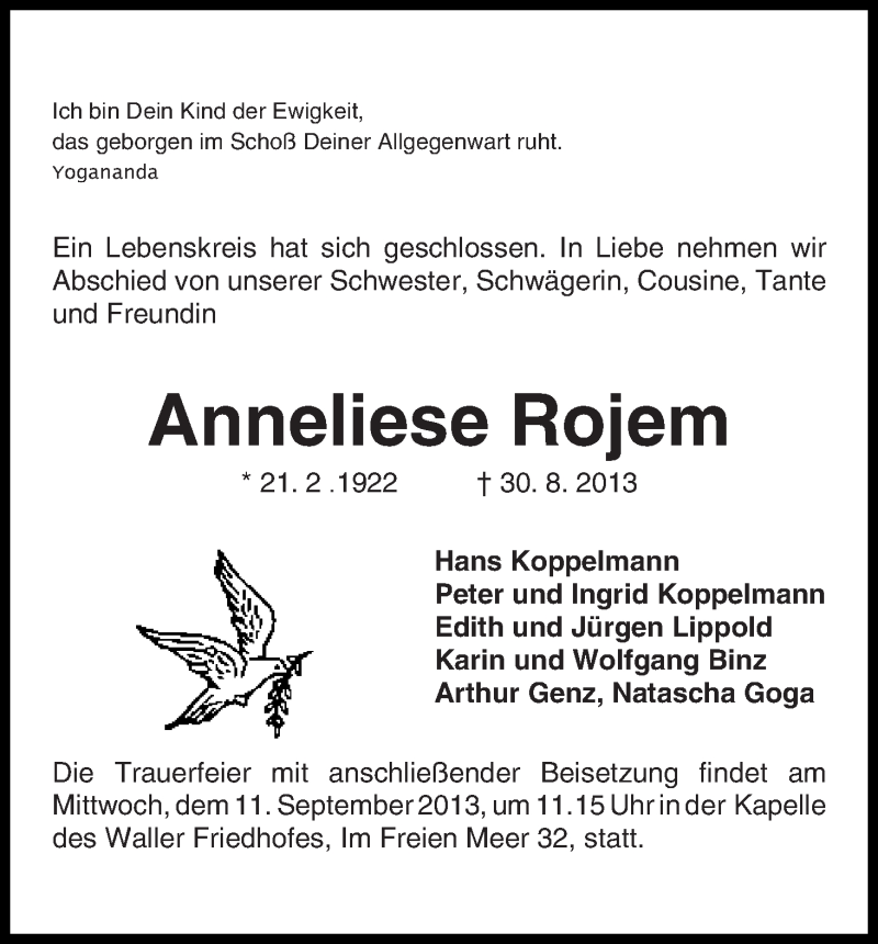 Traueranzeige von Anneliese Rojem von WESER-KURIER