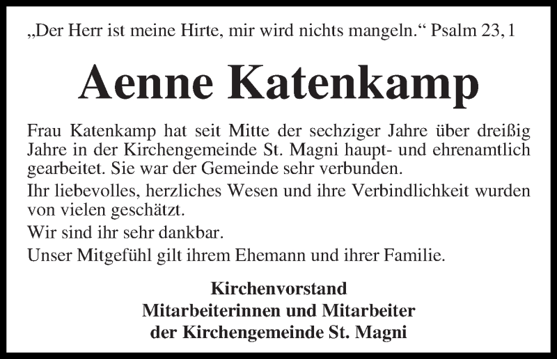 Traueranzeige von Aenne Katenkamp von WESER-KURIER