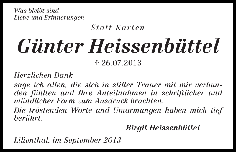  Traueranzeige für Günter Heissenbüttel vom 07.09.2013 aus WESER-KURIER