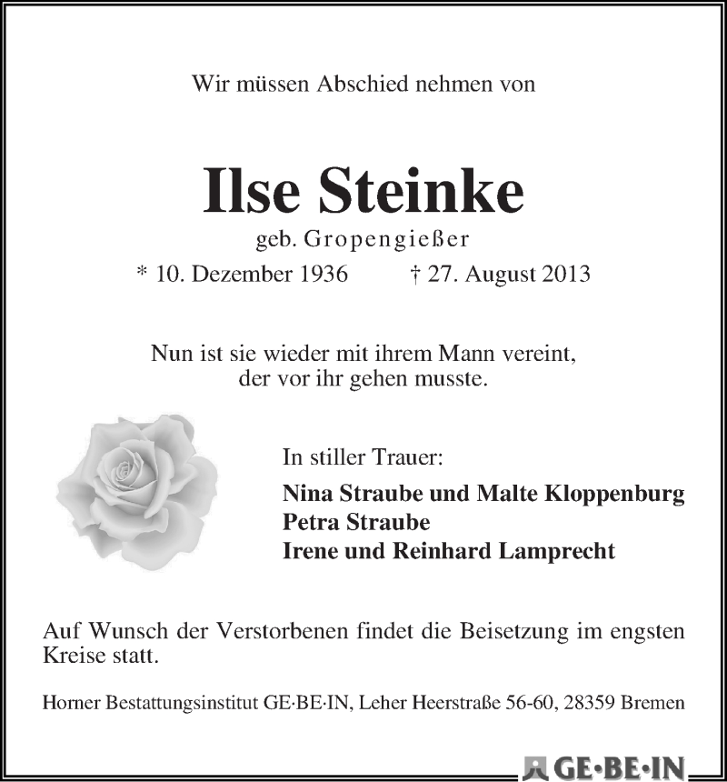 Traueranzeige von Ilse Steinke von WESER-KURIER