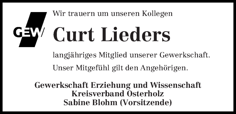 Traueranzeige von Curt Lieders von Osterholzer Kreisblatt