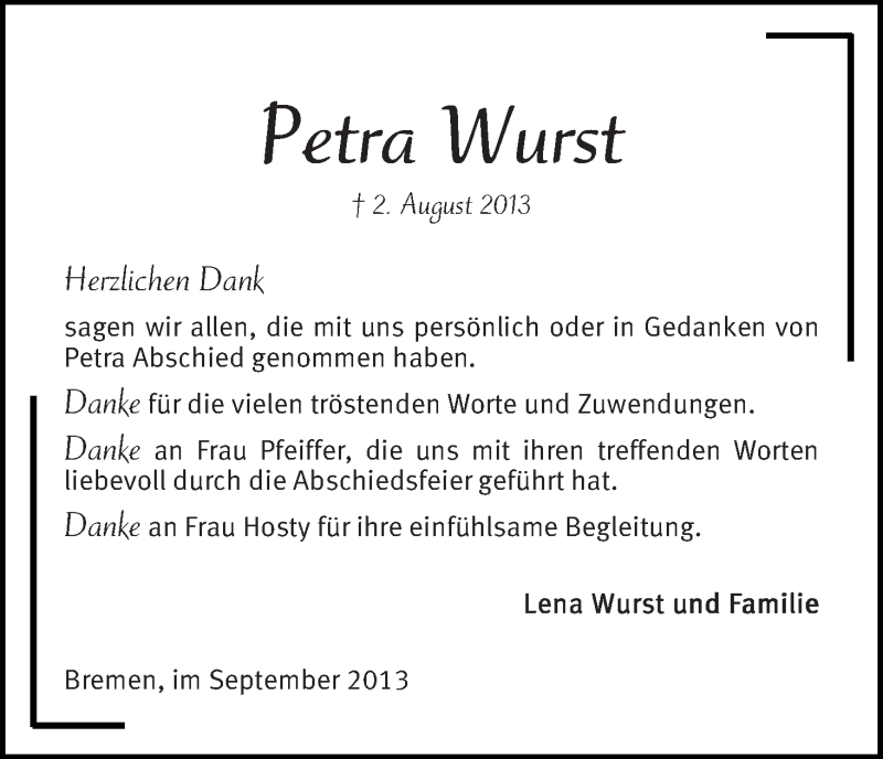  Traueranzeige für Petra Wurst vom 07.09.2013 aus WESER-KURIER