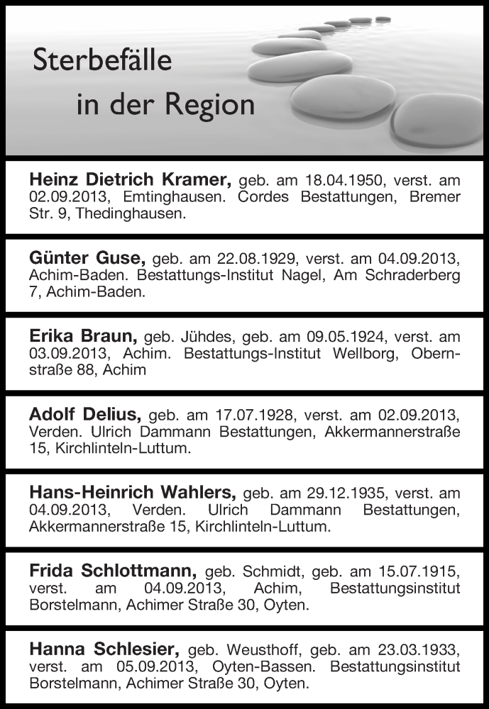Traueranzeige von Sterbefälle vom 07.09.2013 von WESER-KURIER