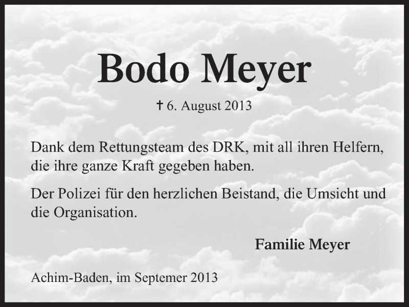  Traueranzeige für Bodo Meyer vom 07.09.2013 aus WESER-KURIER