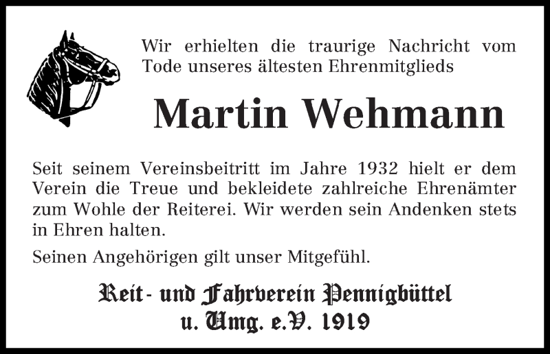 Traueranzeige für Martin Wehmann vom 26.02.2014 aus Osterholzer Kreisblatt