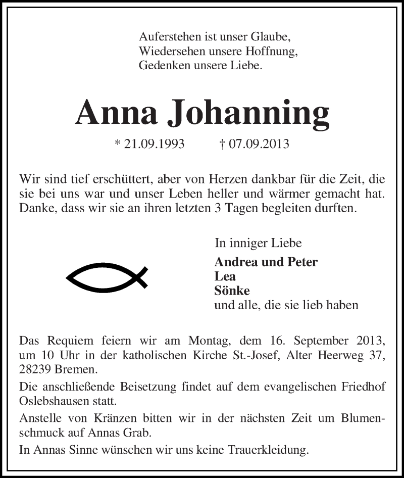  Traueranzeige für Anna Johanning vom 11.09.2013 aus WESER-KURIER