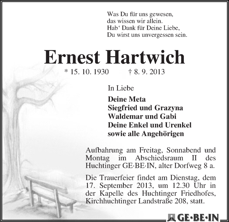 Traueranzeige von Ernest Hartwich von WESER-KURIER