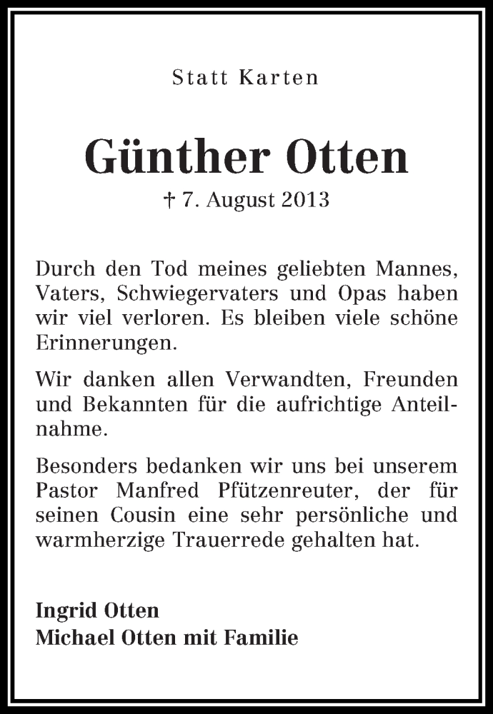 Traueranzeige von Günther Otten von WESER-KURIER
