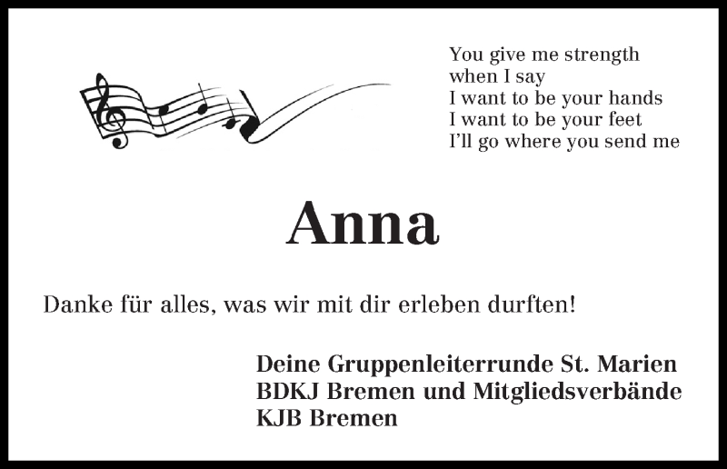  Traueranzeige für Anna Johanning vom 12.09.2013 aus WESER-KURIER