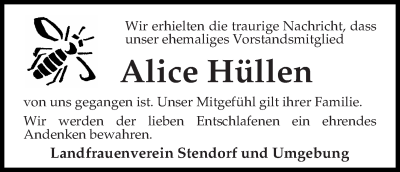 Traueranzeige von Alice Hüllen von WESER-KURIER