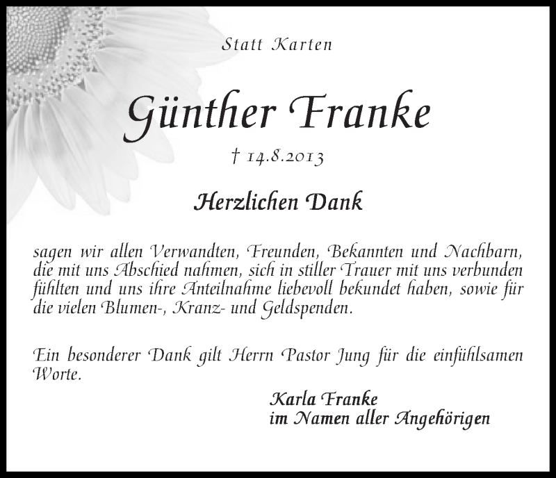 Traueranzeige von Günther Franke von WESER-KURIER