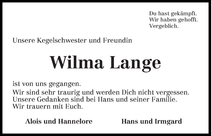 Traueranzeige von Wilma Lange von WESER-KURIER