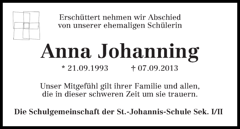 Traueranzeige für Anna Johanning vom 13.09.2013 aus WESER-KURIER