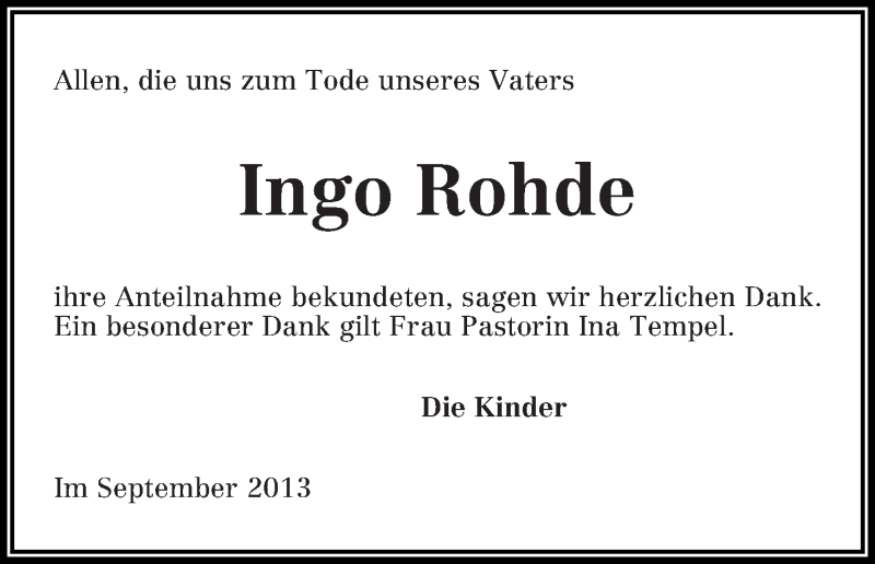 Traueranzeige von Ingo Rohde von WESER-KURIER