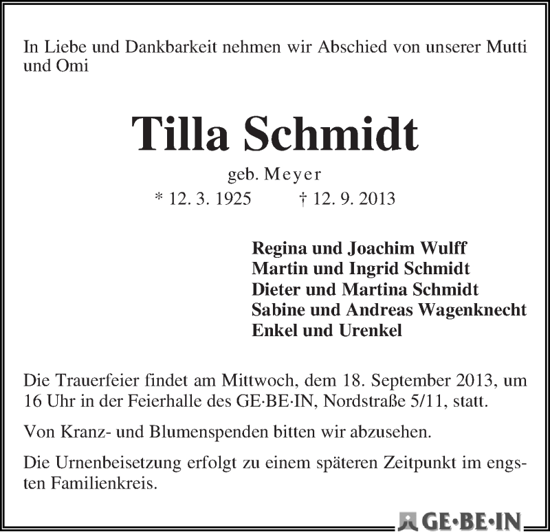 Traueranzeige von Tilla Schmidt von WESER-KURIER