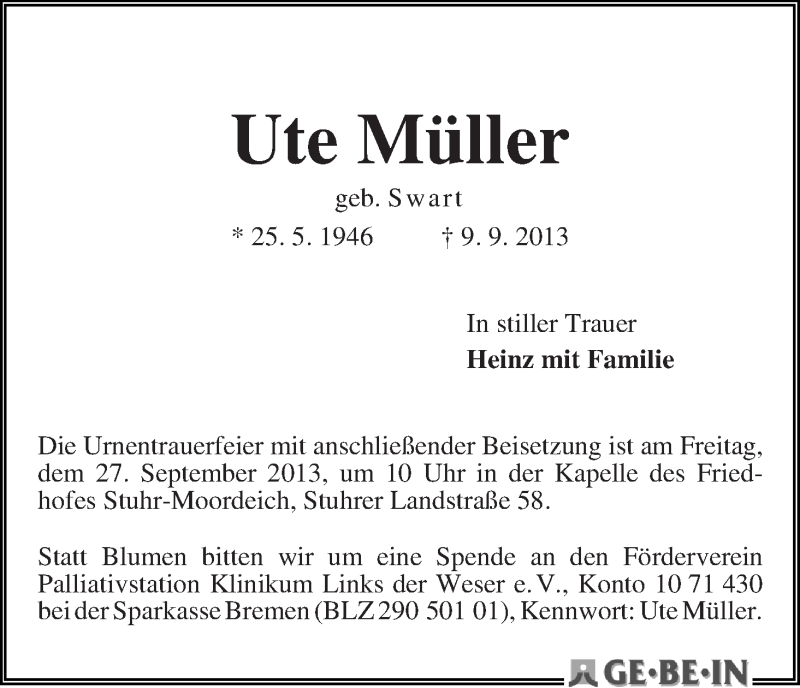 Traueranzeige von Ute Müller von WESER-KURIER