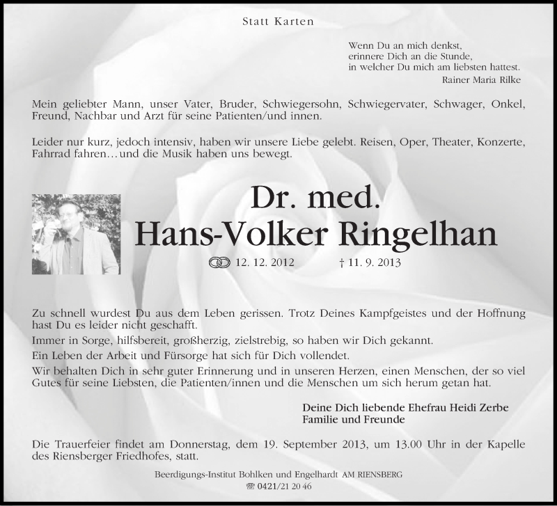  Traueranzeige für Hans-Volker Ringelhan vom 14.09.2013 aus WESER-KURIER