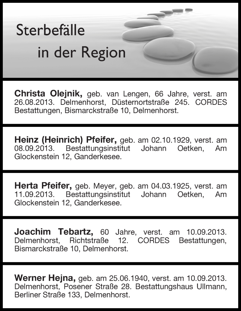 Traueranzeige von Sterbefälle vom 14.09.2013 von WESER-KURIER