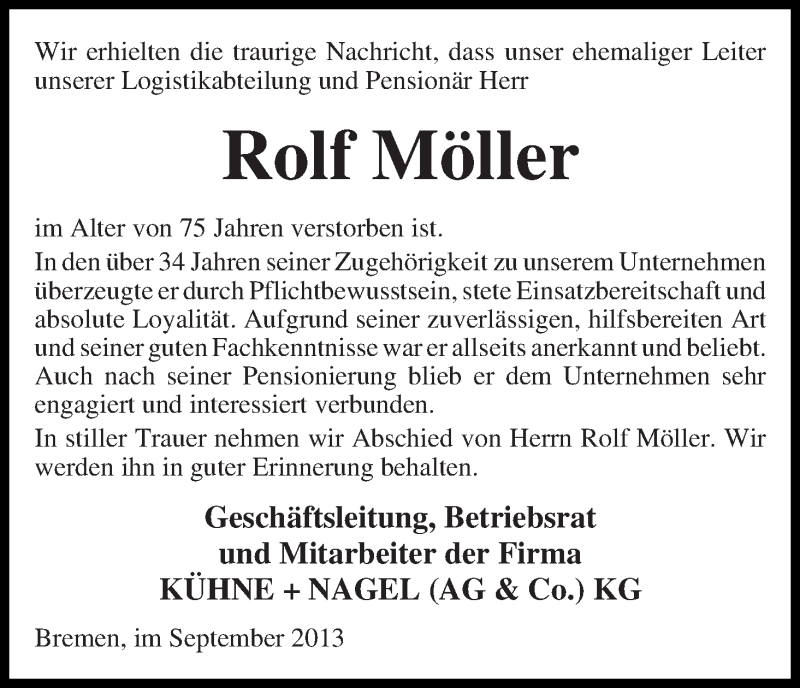 Traueranzeige von Rolf Möller von WESER-KURIER