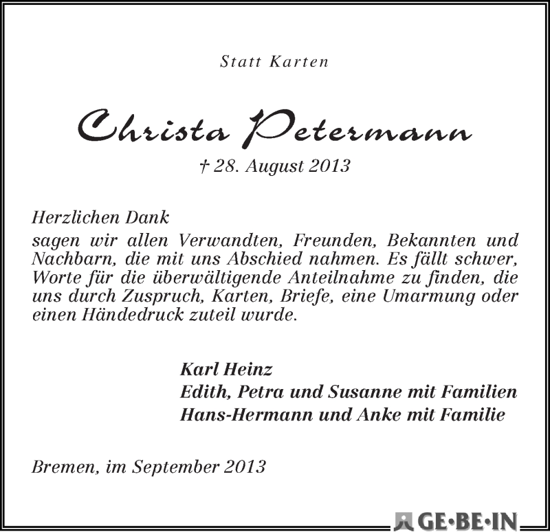 Traueranzeige von Christa Petermann von WESER-KURIER