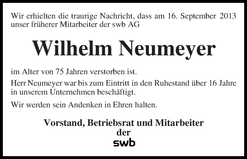 Traueranzeige von Wilhelm Neumeyer von WESER-KURIER