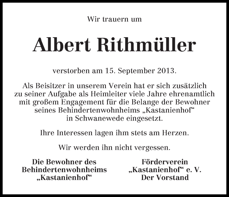  Traueranzeige für Albert Rithmüller vom 20.09.2013 aus WESER-KURIER