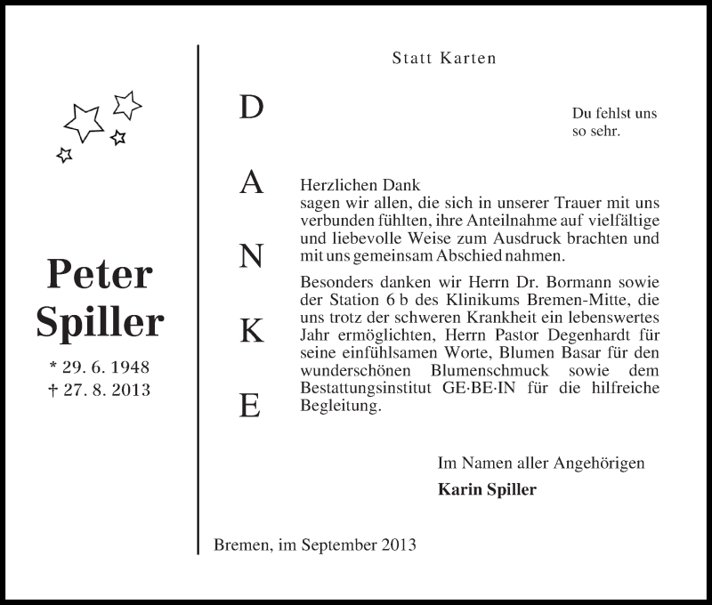 Traueranzeige von Peter Spiller von WESER-KURIER