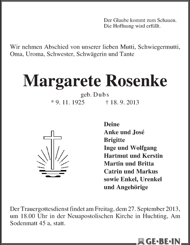 Traueranzeige von Margarete Rosenke von WESER-KURIER
