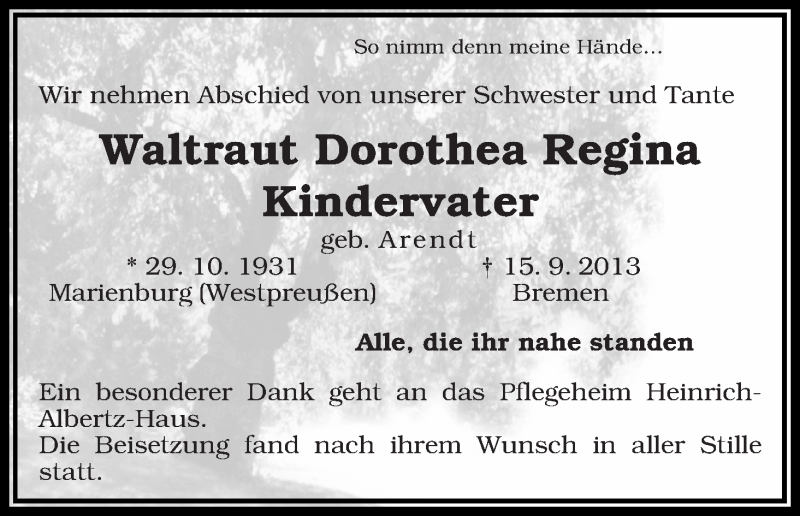 Traueranzeige von Waltraut Dorothea Regina Kindervater von WESER-KURIER