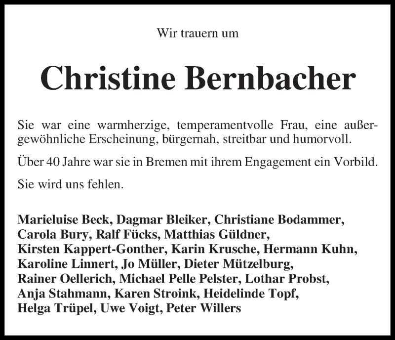  Traueranzeige für Christine Bernbacher vom 21.09.2013 aus WESER-KURIER
