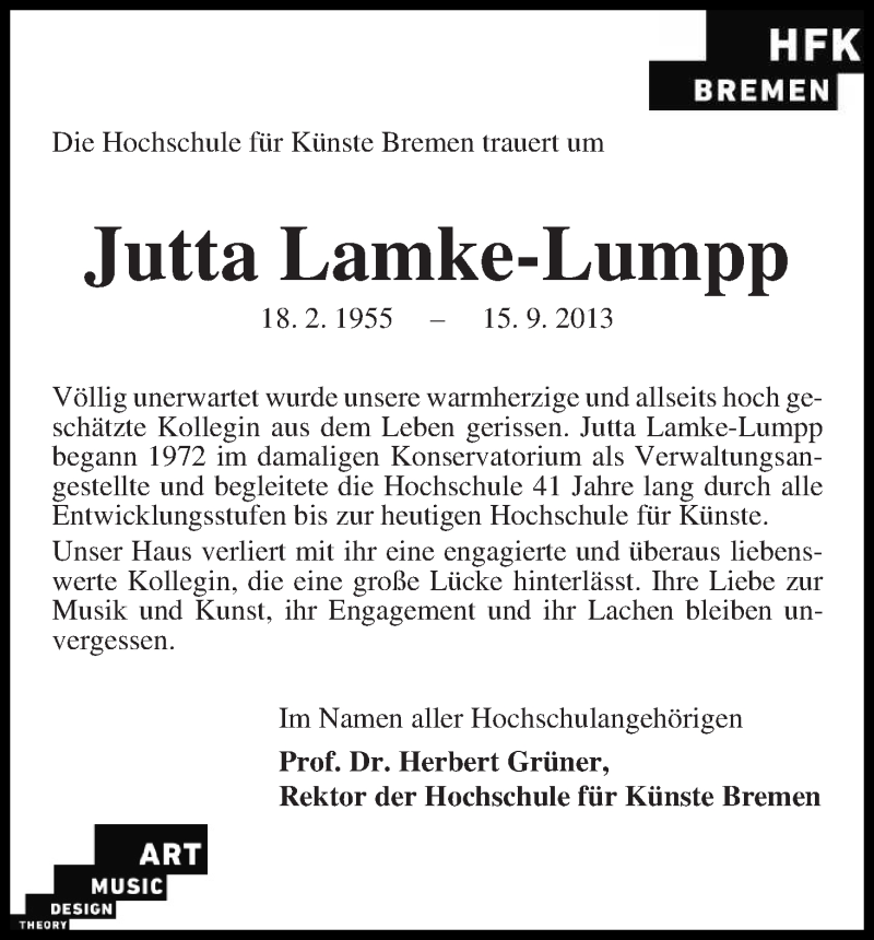  Traueranzeige für Jutta Lamke-Lumpp vom 21.09.2013 aus WESER-KURIER