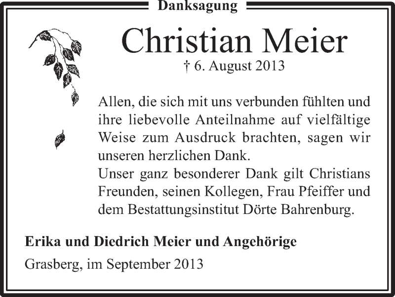  Traueranzeige für Christian Meier vom 21.09.2013 aus WESER-KURIER