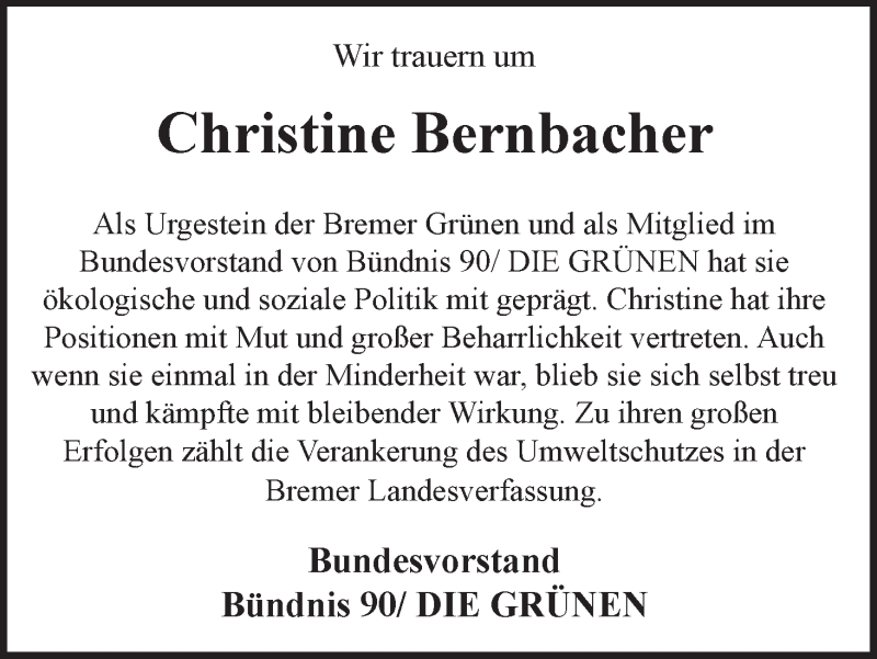  Traueranzeige für Christine Bernbacher vom 21.09.2013 aus WESER-KURIER