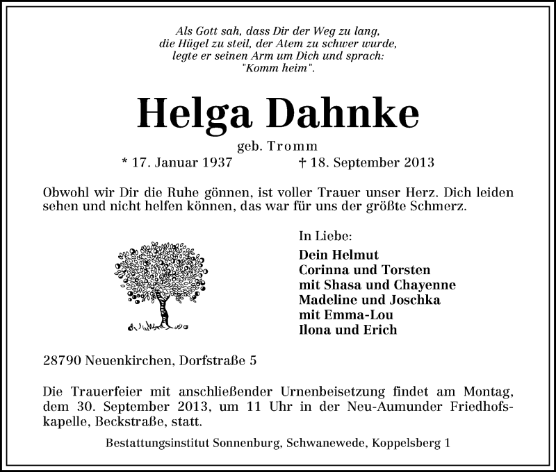 Traueranzeige von Helga Dahnke von WESER-KURIER