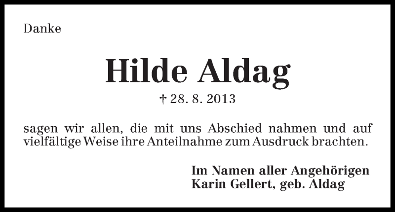 Traueranzeige von Hilde Aldag von WESER-KURIER