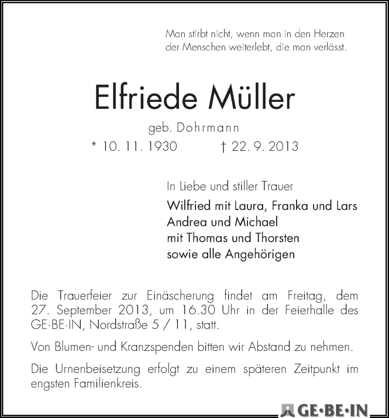 Traueranzeige von Elfriede Müller von WESER-KURIER