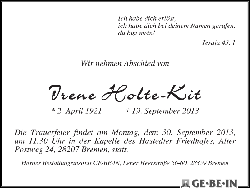 Traueranzeige von Irene Holte-Kit von WESER-KURIER