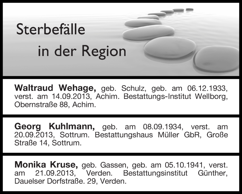 Traueranzeige von Sterbefälle in der Region Achim Verden vom 26.09.2013 von WESER-KURIER