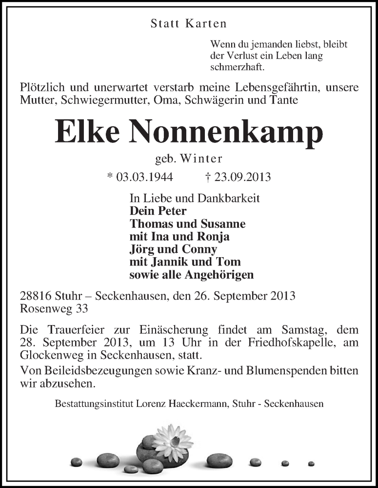  Traueranzeige für Elke Nonnenkamp vom 26.09.2013 aus WESER-KURIER