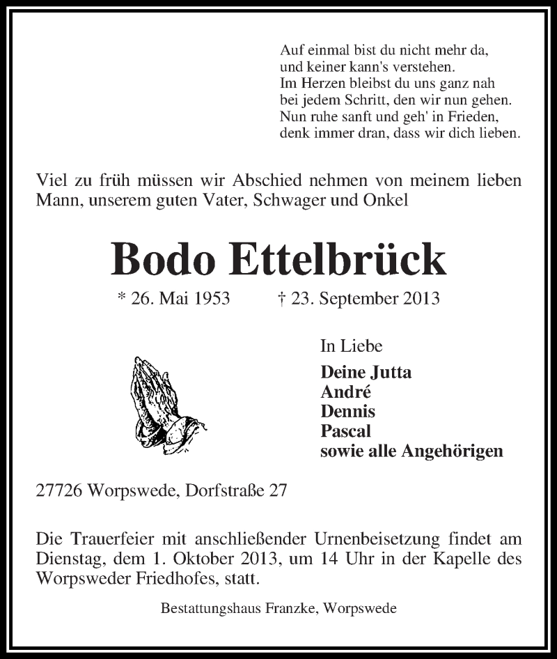  Traueranzeige für Bodo Ettelbrück vom 26.09.2013 aus WESER-KURIER
